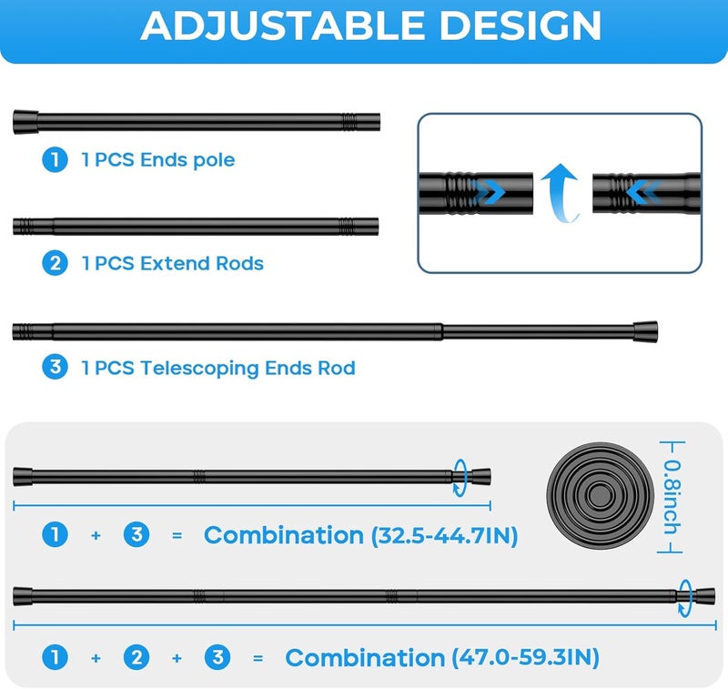 MEXAU 6PCS Tension Curtain Rod 33 to 59 Inch,Black Short Curtain Rods No Drilling,Loaded Expandable Spring Curtain Rods for Windows Kitchen,Closet,Cupboard,Door,Bookshelf - Image 3